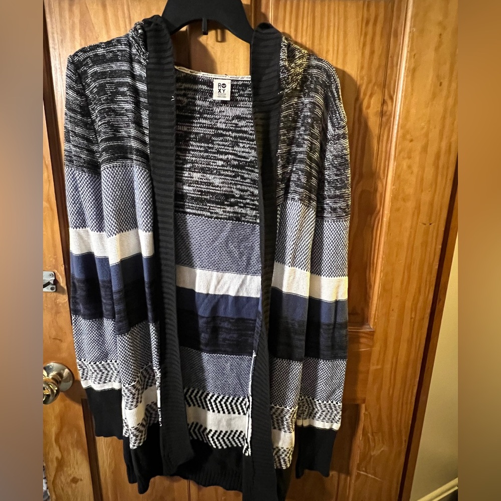 Roxy Women's Black and Gray Striped cardigan with hood